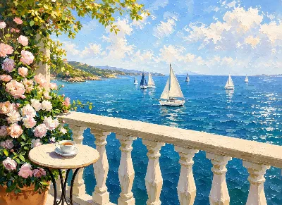 Sunny Sailboat Balcony poster for Living Room