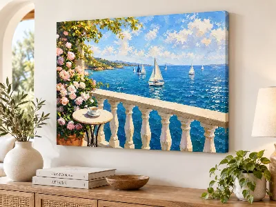 Sunny sailboat balcony canvas wall art with sea view and roses