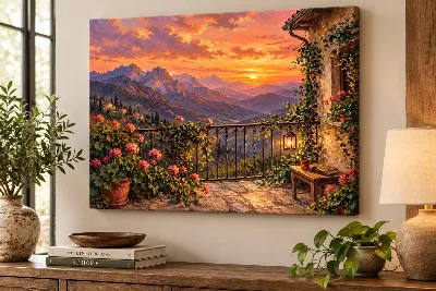 Sunset terrace mountain view canvas wall art with golden dusk tones