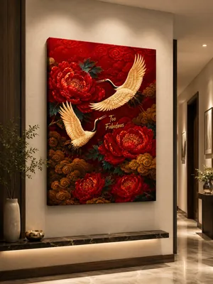 Chinese crane and peony canvas wall art for living room, buy in India