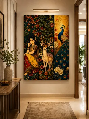 Indian triptych royal woman peacock deer canvas wall art for living room, buy in India