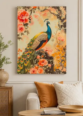 Japanese style peacock floral canvas wall art for living room, buy in India