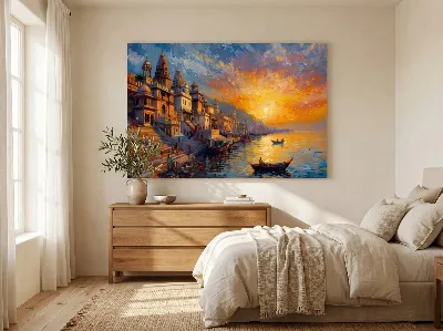 Varanasi Ghats Sunset Canvas Wall Art for Living Room | Buy Online India