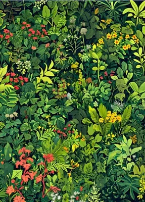 Vibrant Botanical Poster - Lush Green Jungle Foliage and Colorful Wildflowers