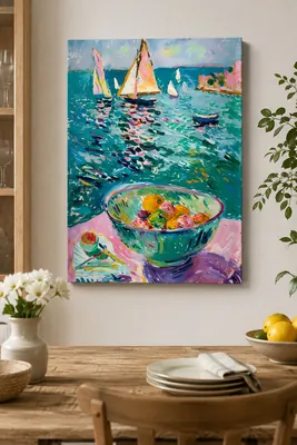 Vibrant Mediterranean coast sailboat canvas wall art for the dining room, buy online in India