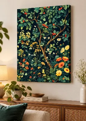 Vintage botanical illustration of a berry tree with red berries, wildflowers and daisies on dark background — canvas wall art