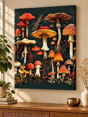 Vintage botanical canvas art of tall orange mushrooms on dark teal
