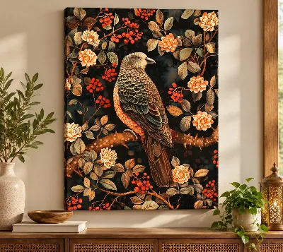 Olive-brown parrot with peach blossoms and red berries on dark background — canvas wall art