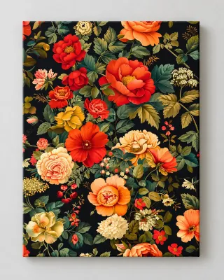Dense vintage wallpaper-style pattern of orange-red roses and mixed flowers on black — canvas wall art