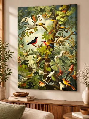 Vintage naturalist canvas wall art of colorful songbirds in a green tree