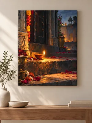 Glowing clay diya on weathered stone steps with marigold garlands, scattered flower petals, dark architecture, and warm amber lights in the background.