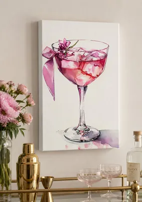 Watercolor pink cocktail coupe glass canvas wall art for the kitchen and bar, buy online in India