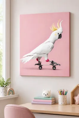 White cockatoo on a skateboard whimsical canvas wall art for the kids' room, buy online in India