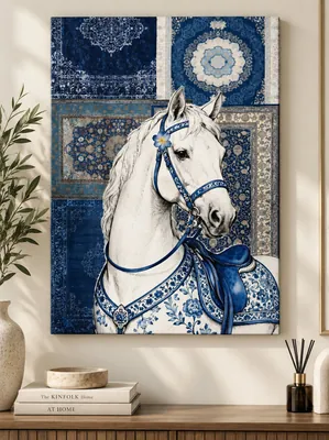 White horse chinoiserie canvas wall art for living room, buy in India