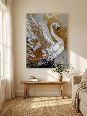 Elegant white swan with gold accents in impasto on soft grey-gold background — canvas wall art