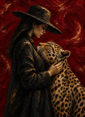 Woman Embracing Leopard poster - Dramatic Red Wildlife Painting for Living Room