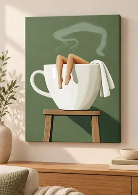Bare legs dangling from an oversized white cup on a wooden stool, with pale wisps above it against a sage green background.