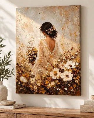 Woman in white dress among golden wildflowers in warm impasto oil painting canvas wall art