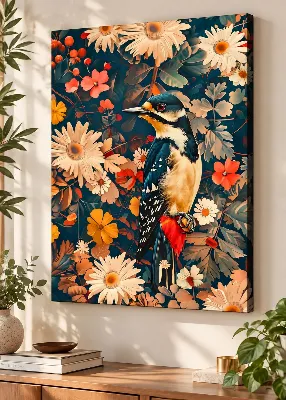Black and white woodpecker with red undertail among flowers and orange berries — canvas wall art