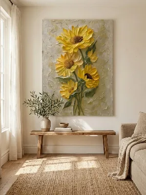 Yellow Sunflowers Impasto Canvas Wall Art for Living Room | Buy Online India
