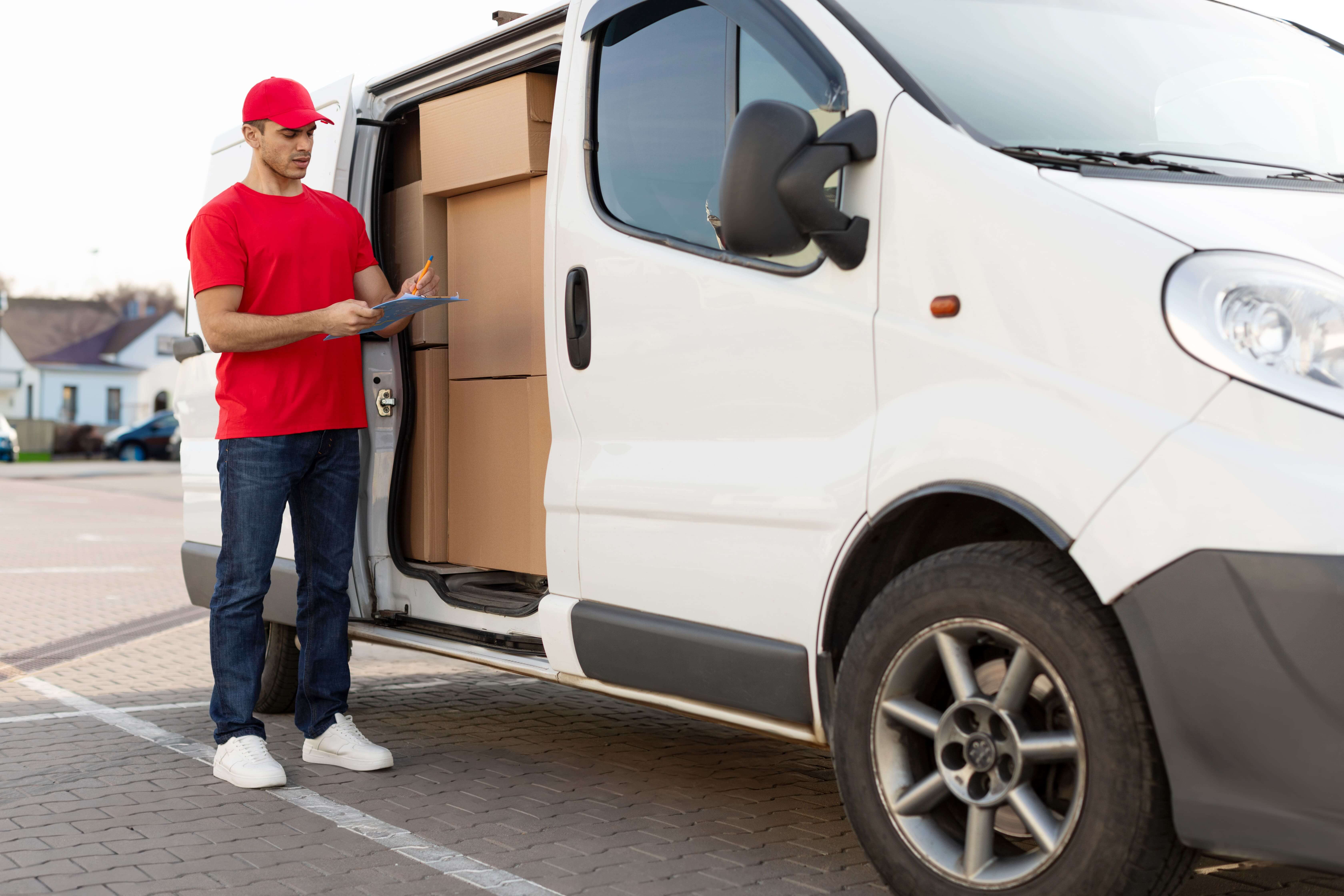 Delivery driver wearing uniform and standing next to van with open side door, writing on a clipboard