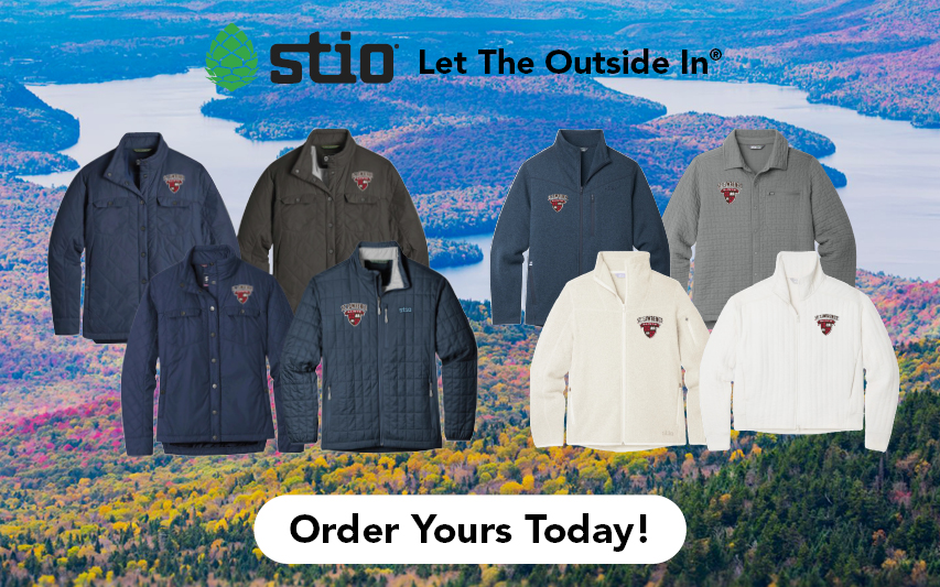 Stio jackets and fleeces embroidered with the St. Lawrence logo, shown over a fall North Country landscape