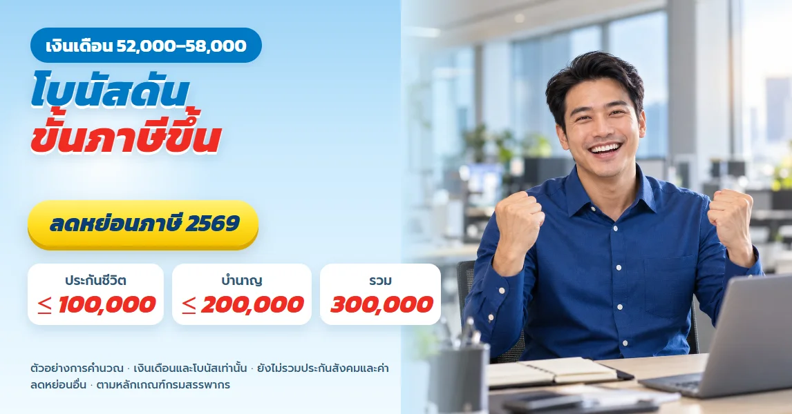 ลดหย่อนภาษีเงินเดือน 52,000 ถึง 58,000 โบนัสดันขั้นภาษี ลดหย่อนปีไหนคุ้ม