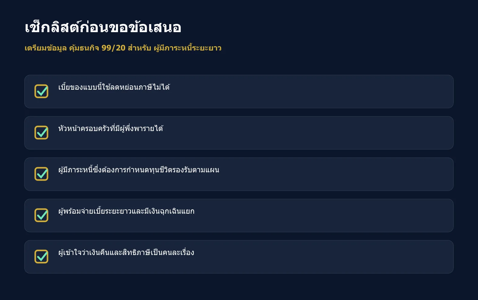 เช็กลิสต์ข้อมูลที่ควรเตรียมก่อนขอข้อเสนอ คุ้มธนกิจ 99/20