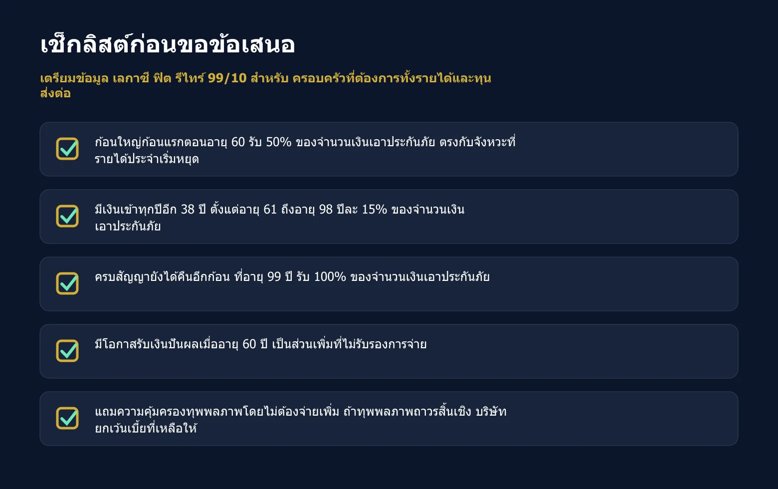 เช็กลิสต์ข้อมูลที่ควรเตรียมก่อนขอข้อเสนอ เลกาซี ฟิต รีไทร์ 99/10