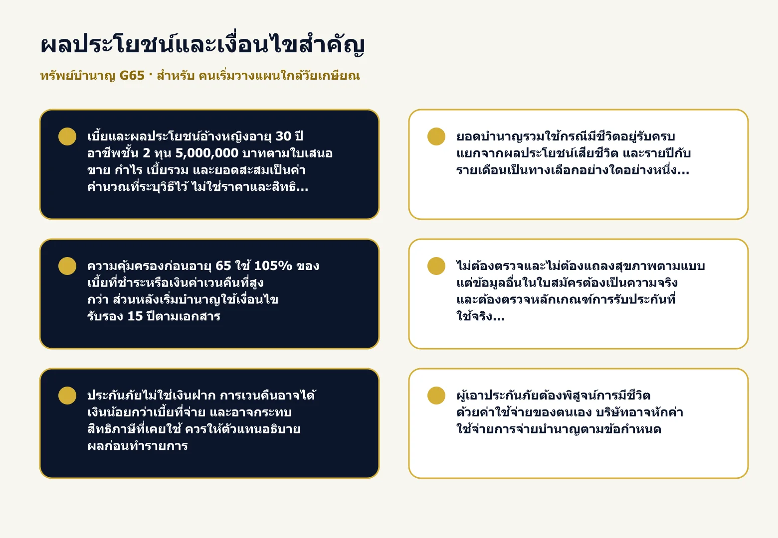 การ์ดสรุปผลประโยชน์และเงื่อนไขสำคัญของ ทรัพย์บำนาญ G65