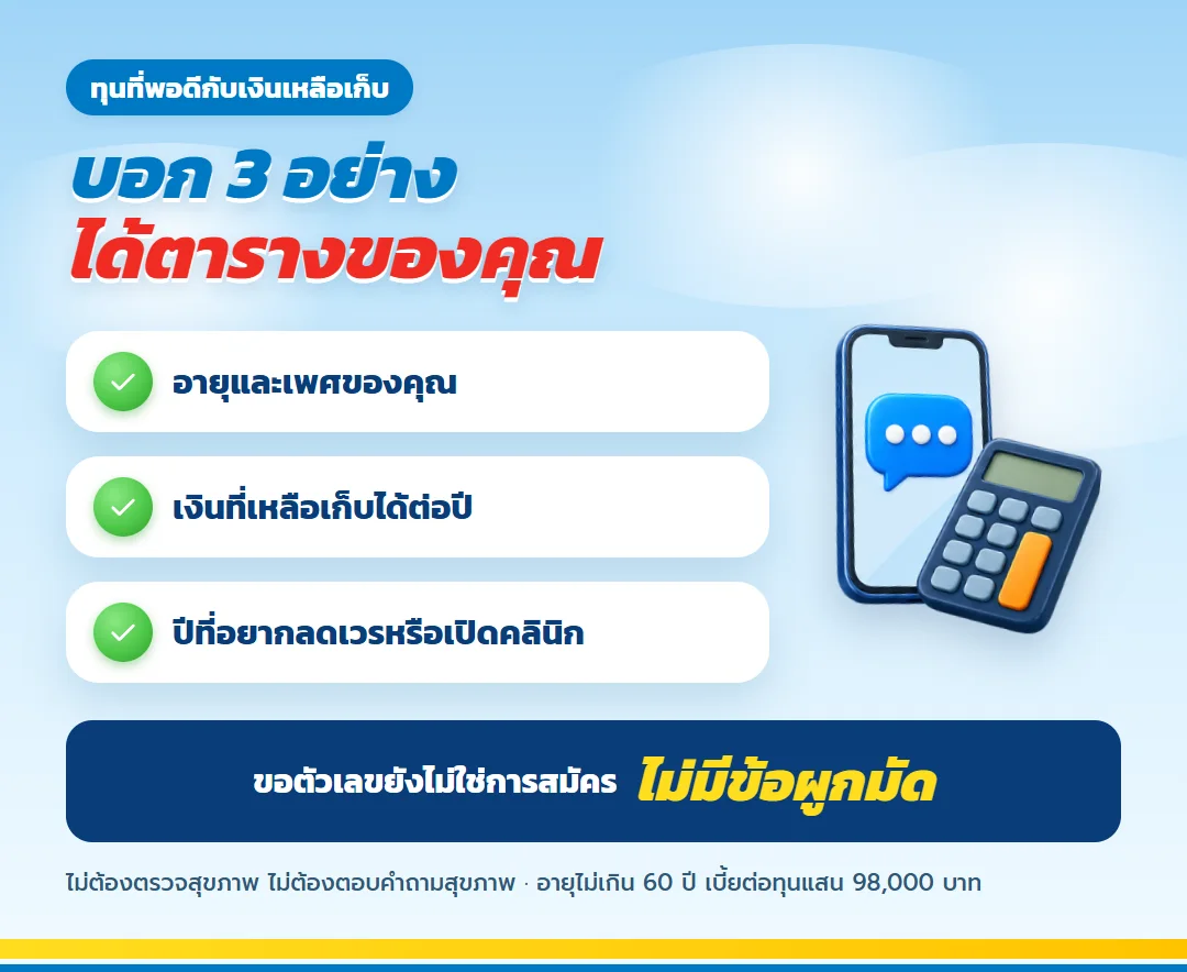 ขอใบเสนอขาย มันนี่ ฟิต เวลท์ตี้ 18/4 สำหรับวิชาชีพรายได้สูง บอกอายุ เงินเหลือเก็บต่อปี และปีที่อยากลดเวร