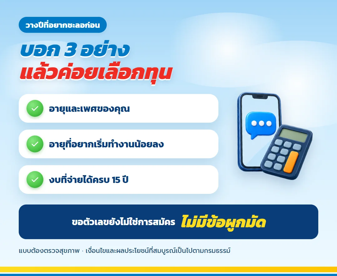 ขอใบเสนอขาย มันนี่ ฟิต เฟิร์ม 30/15 สำหรับคนวางแผนทำงานน้อยลง บอกอายุ อายุที่อยากชะลอ และงบ 15 ปี