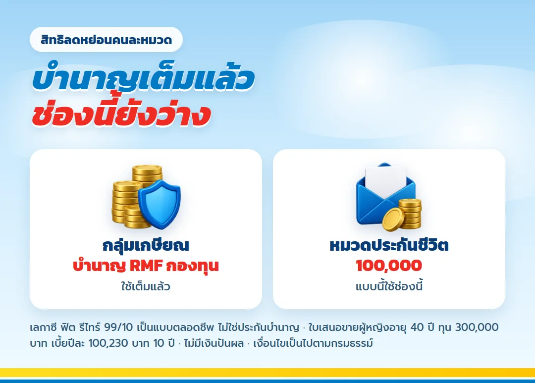 สิทธิลดหย่อนกลุ่มเกษียณกับหมวดเบี้ยประกันชีวิตที่ เลกาซี ฟิต รีไทร์ 99/10 ใช้