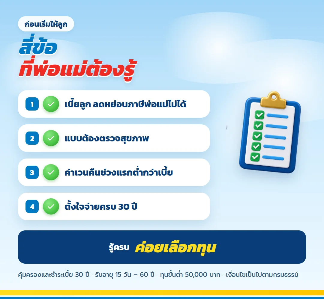 สี่ข้อที่พ่อแม่ต้องรู้ก่อนทำ ธนทรัพย์ 30/30 ให้ลูก
