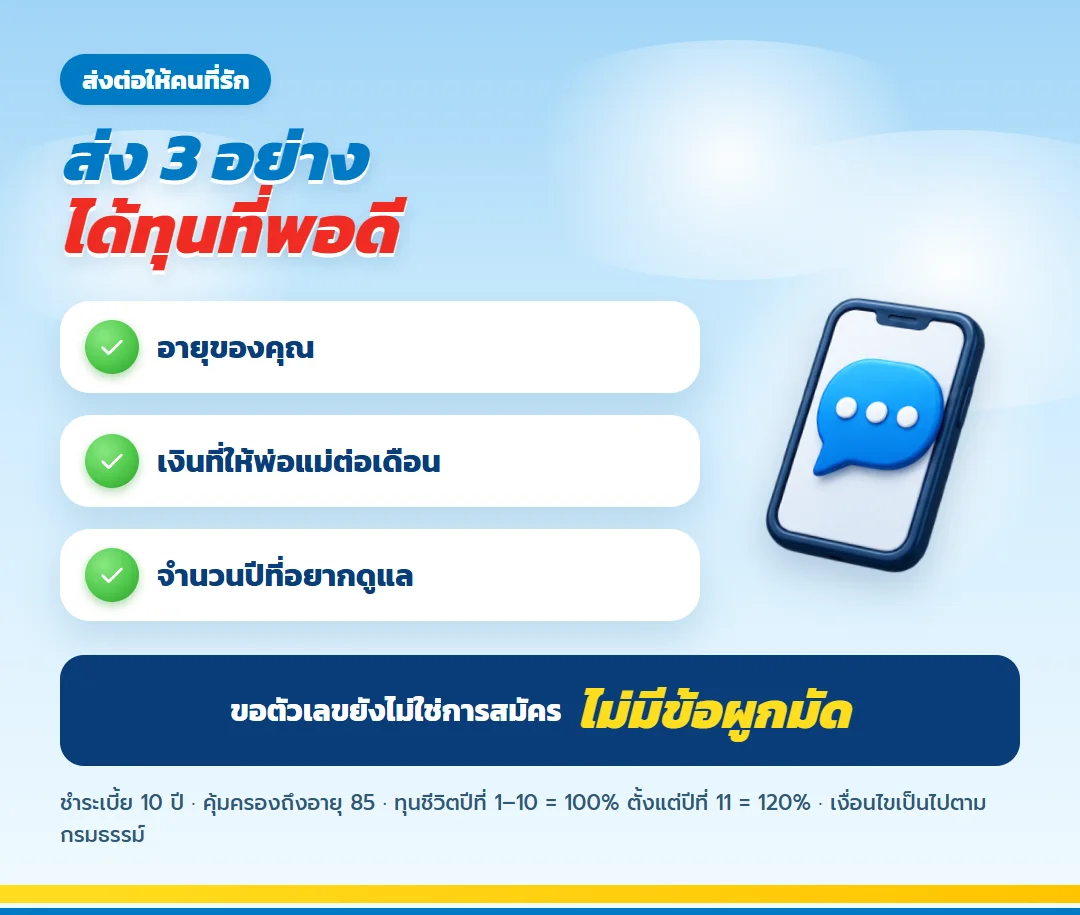 ขอใบเสนอขาย ธนทรัพย์ 85/10 ดูแลพ่อแม่