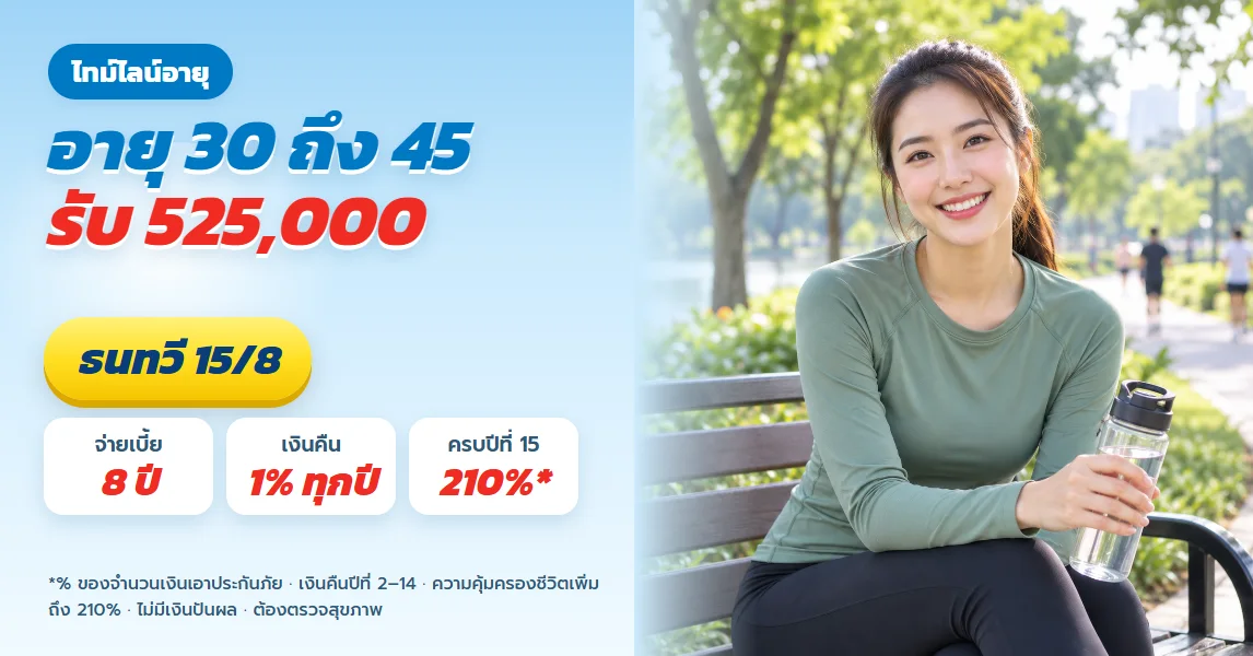 ธนทวี 15/8 ไทม์ไลน์เงินอายุ 30 ถึง 45 จ่ายจบอายุ 37 รับ 525,000