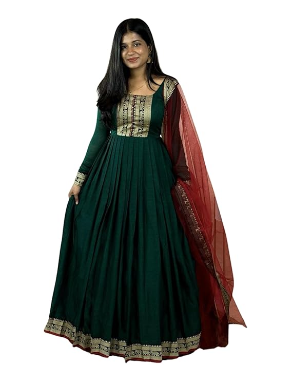 DOSPARO Women's Vichitra Silk Anarkali Gown with Jacquard Border | Elegant Party & Festive Wear