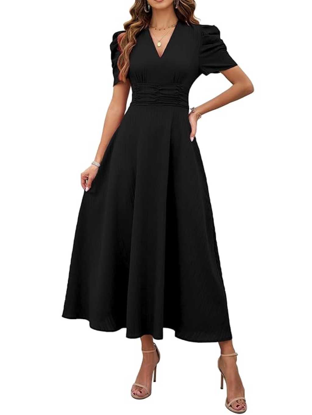 Elegant Black V-Neck Puff Sleeve Maxi Dress