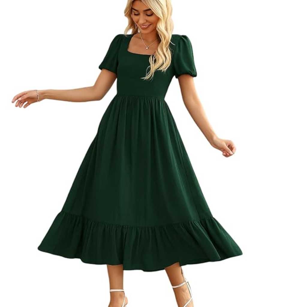Elegant Emerald Green Puff Sleeve Midi Dress