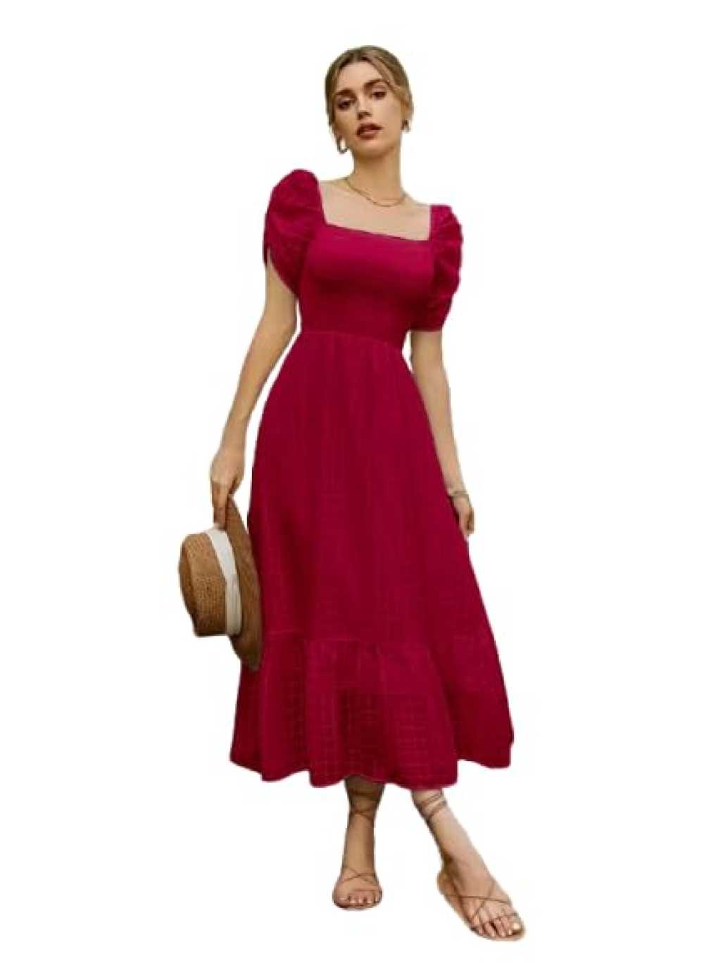 Elegant Rose Pink Puff Sleeve Midi Dress