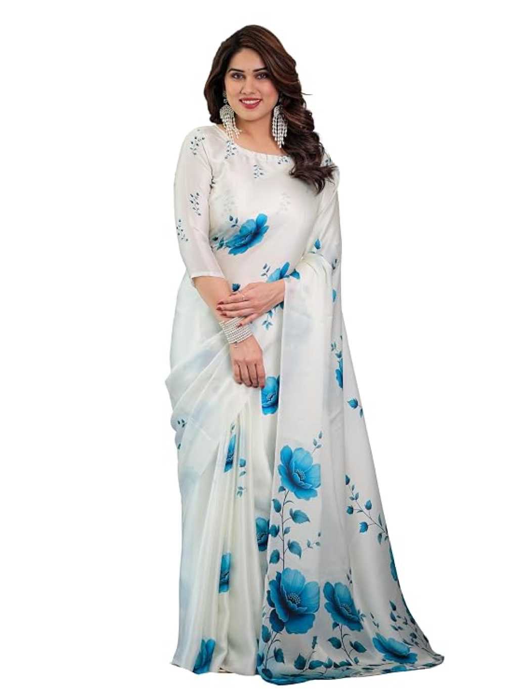Elegant White Floral Printed Saree with BlueFlower