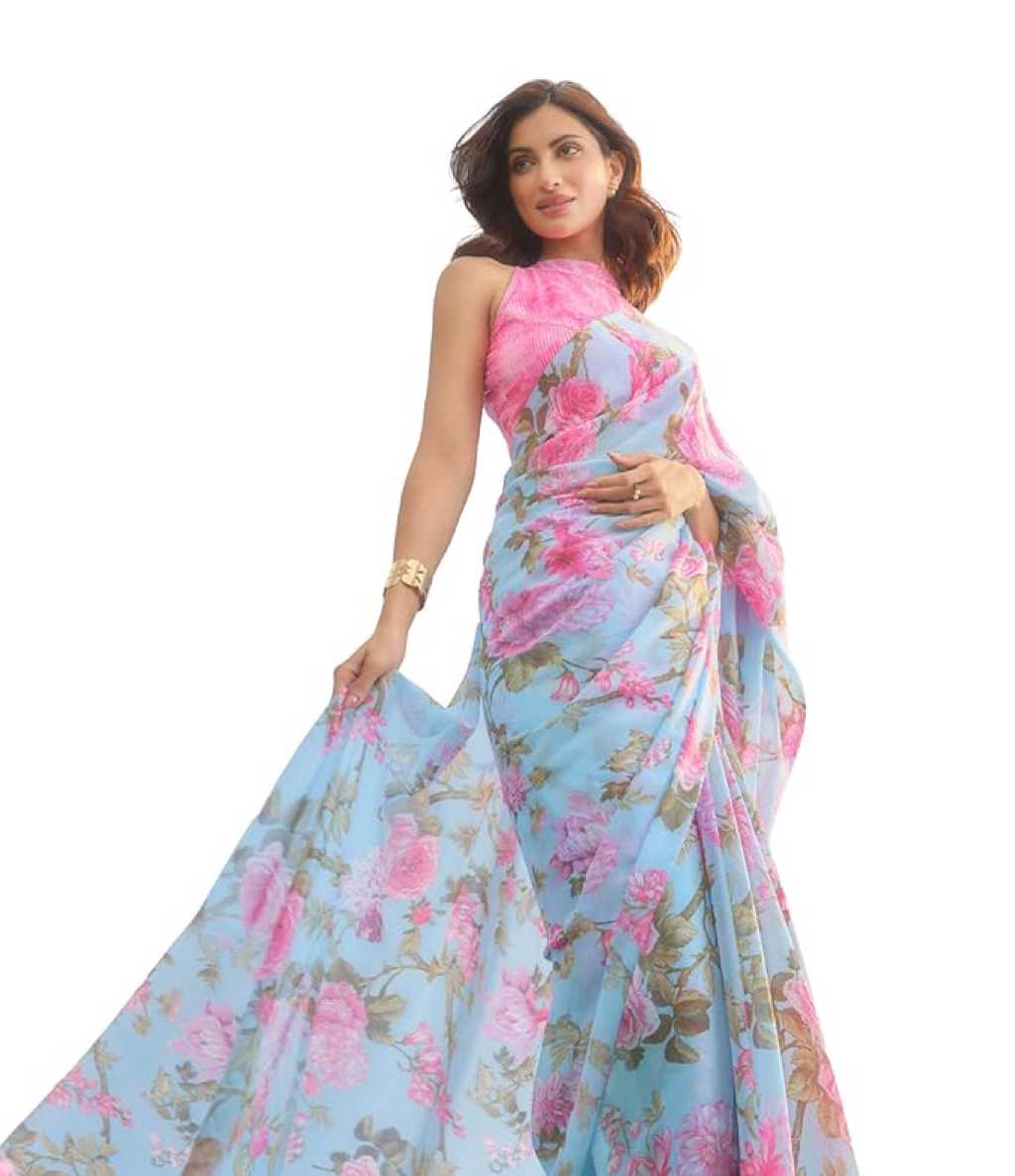 Elegant Pastel Blue Floral Printed Saree with Pink