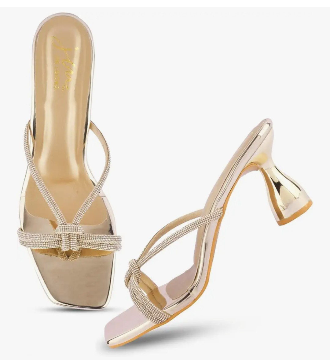Golden Rhinestone Knot Strap Heeled Sandals