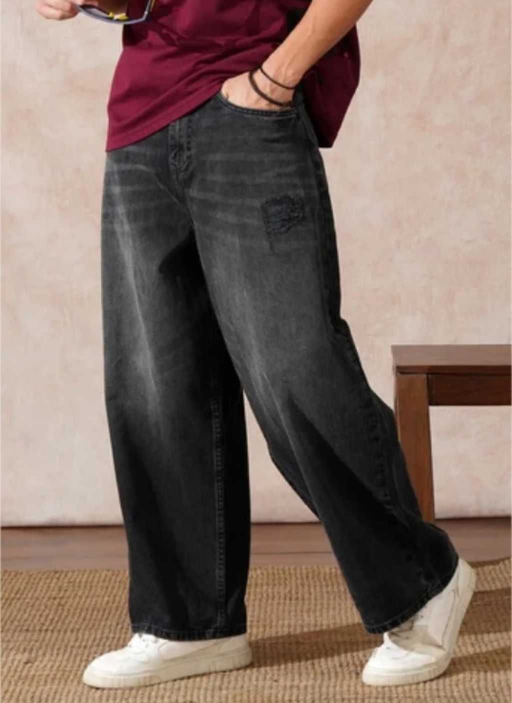UJAS Men Straight Fit Mid Rise Black Baggy Jeans