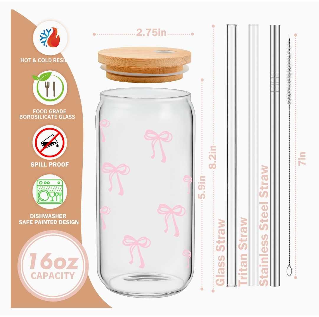 BIPEDS Coquette Cute Pink Bow Glass Cups with Lids