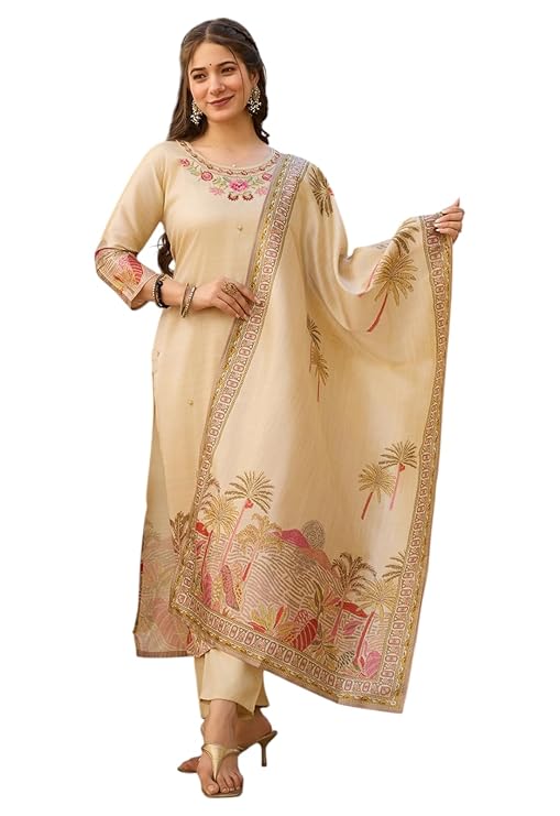 Yashika Women's Beige Viscose Assam Silk Fabric Straight Printed Kurta