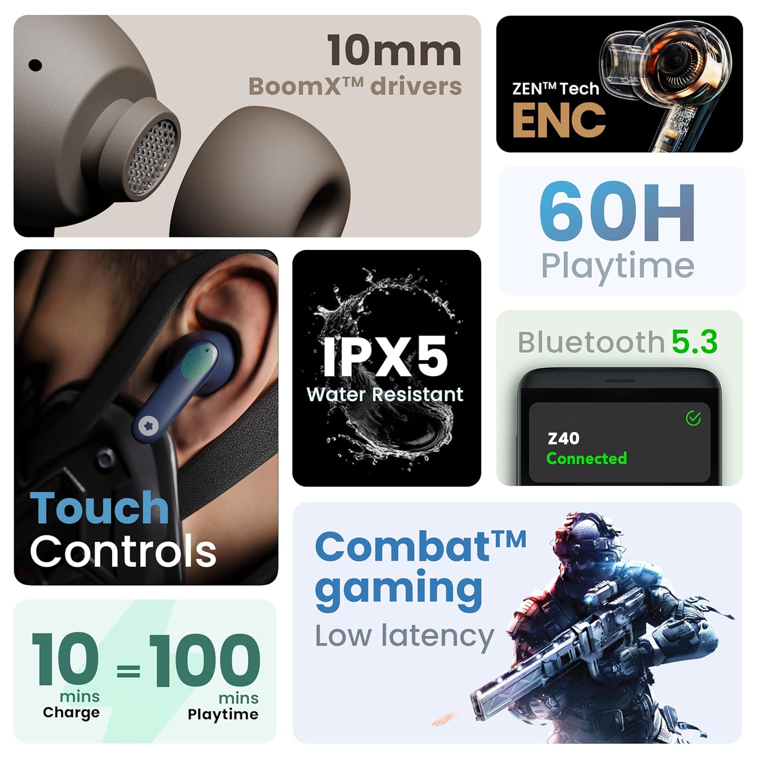 GOBOULT Z40 True Wireless in Ear Earbuds with 60H Playtime, Zen™ ENC Mic, Low Latency Gaming