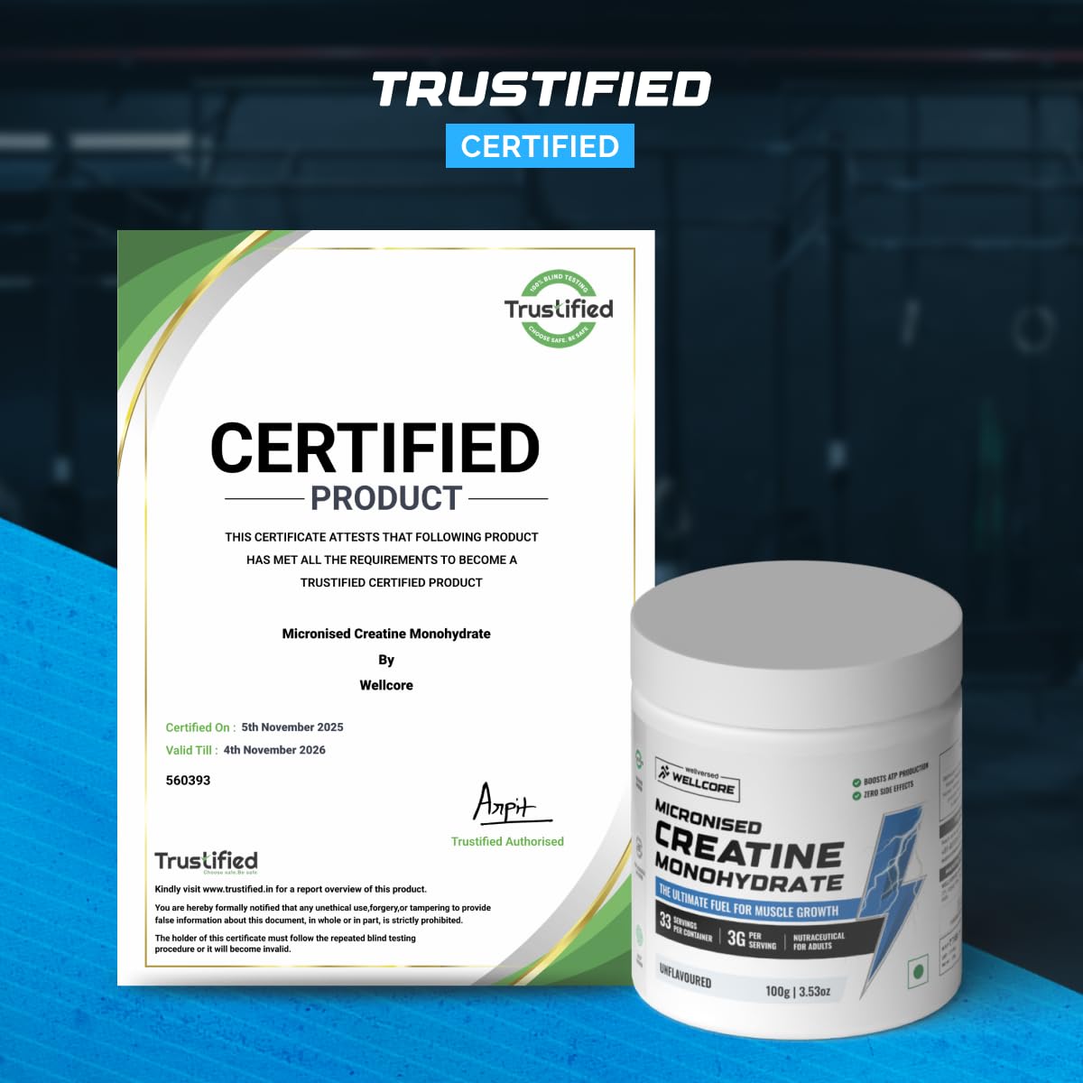 Wellcore Pure Micronised Creatine Powder (33 Servings, Unflavoured) For Enhanced Muscle Strength With Rapid Absorption | Creatine Monohydrate | Wellcore Creatine Unflavoured - 100g