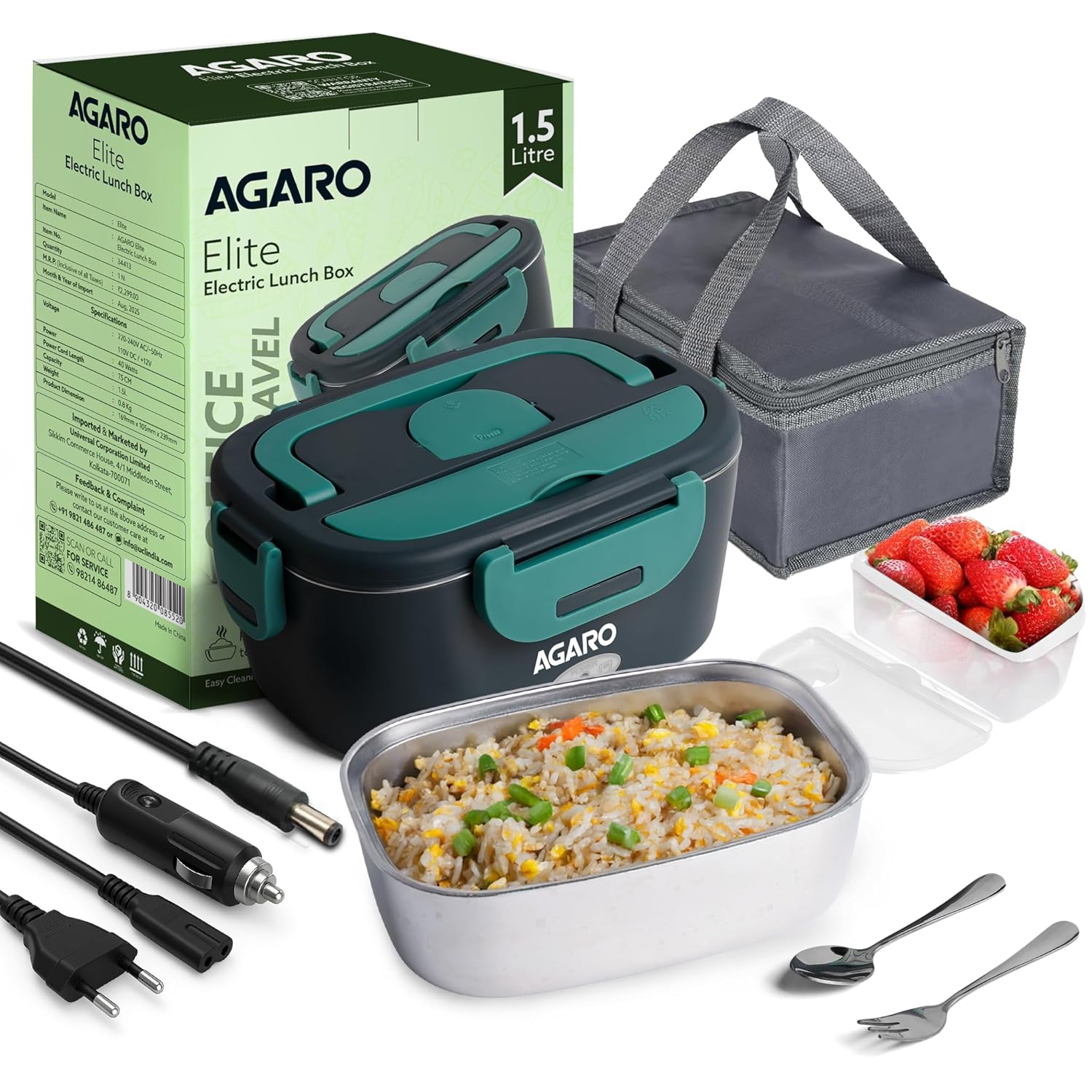 AGARO Elite Electric Lunch Box, 1.5L Food Heater for Daily Office Use & Travel, Portable Food Warmer, Stainless Steel Container, Reheat in 30 Min, Leak-Proof, Detachable Cord, 2 Compartment