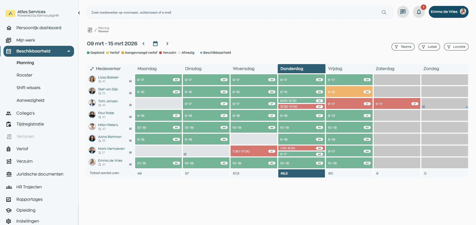 In veel organisaties worden HR, planning en urenregistratie in aparte systemen geregeld. Je maakt een rooster in de ene tool, registreert uren in een andere en verwerkt verlof of verzuim weer ergens anders. Hierdoor ontstaat verschil tussen wat gepland is en wat er daadwerkelijk gebeurt.

Bij EenvoudigHR zie je dit in één overzicht. Roosters, gewerkte uren, verlof en verzuim zijn direct met elkaar verbonden. Je ziet per dag wat gepland was, wat gewerkt is en welke afwijkingen er zijn, zonder dat je data hoeft te combineren of te controleren.

Dit voorkomt fouten in uren, discussies over planning en extra werk in de administratie. In plaats van meerdere systemen bijhouden, werk je vanuit één bron die aansluit op hoe je organisatie dagelijks functioneert.